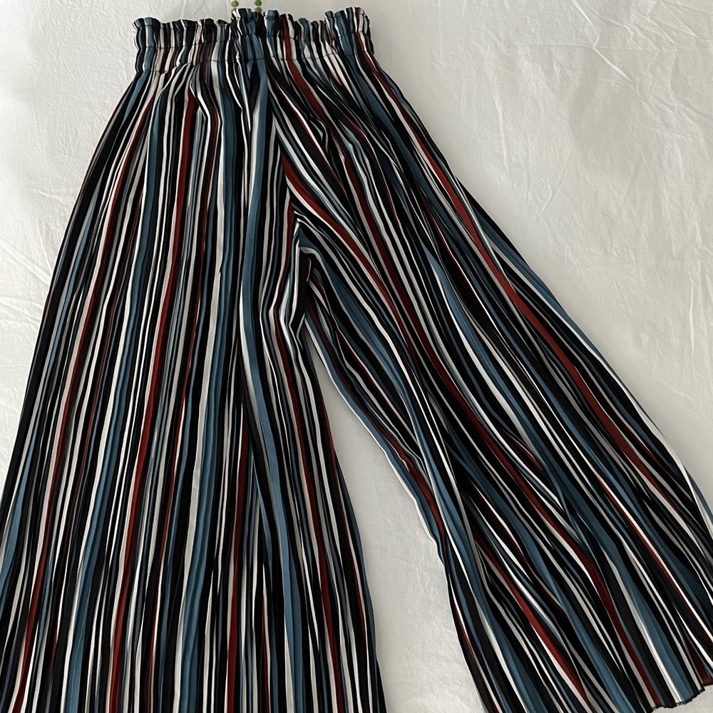 Bershka Pleated Striped Wide Leg Pants Multi-Color| Size: XS